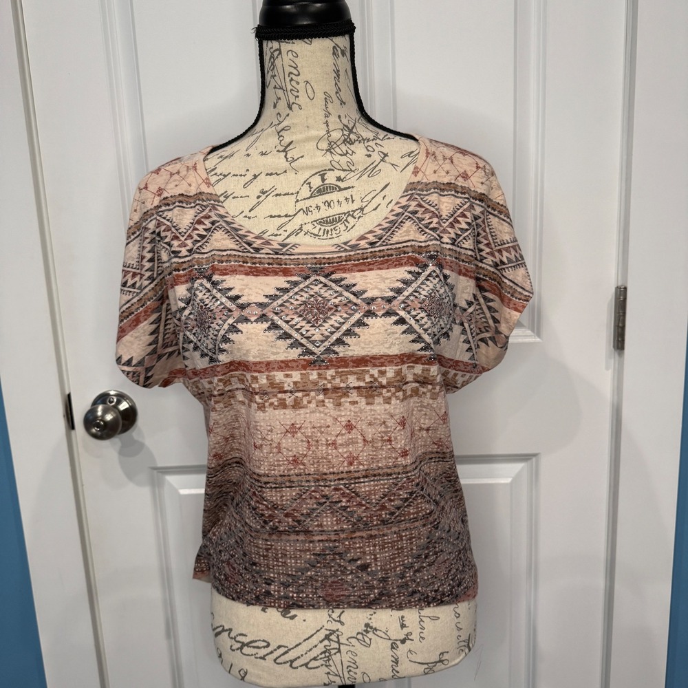 American Age Womens Southwestern Geometric Short Sleeve‎ Top Size Small